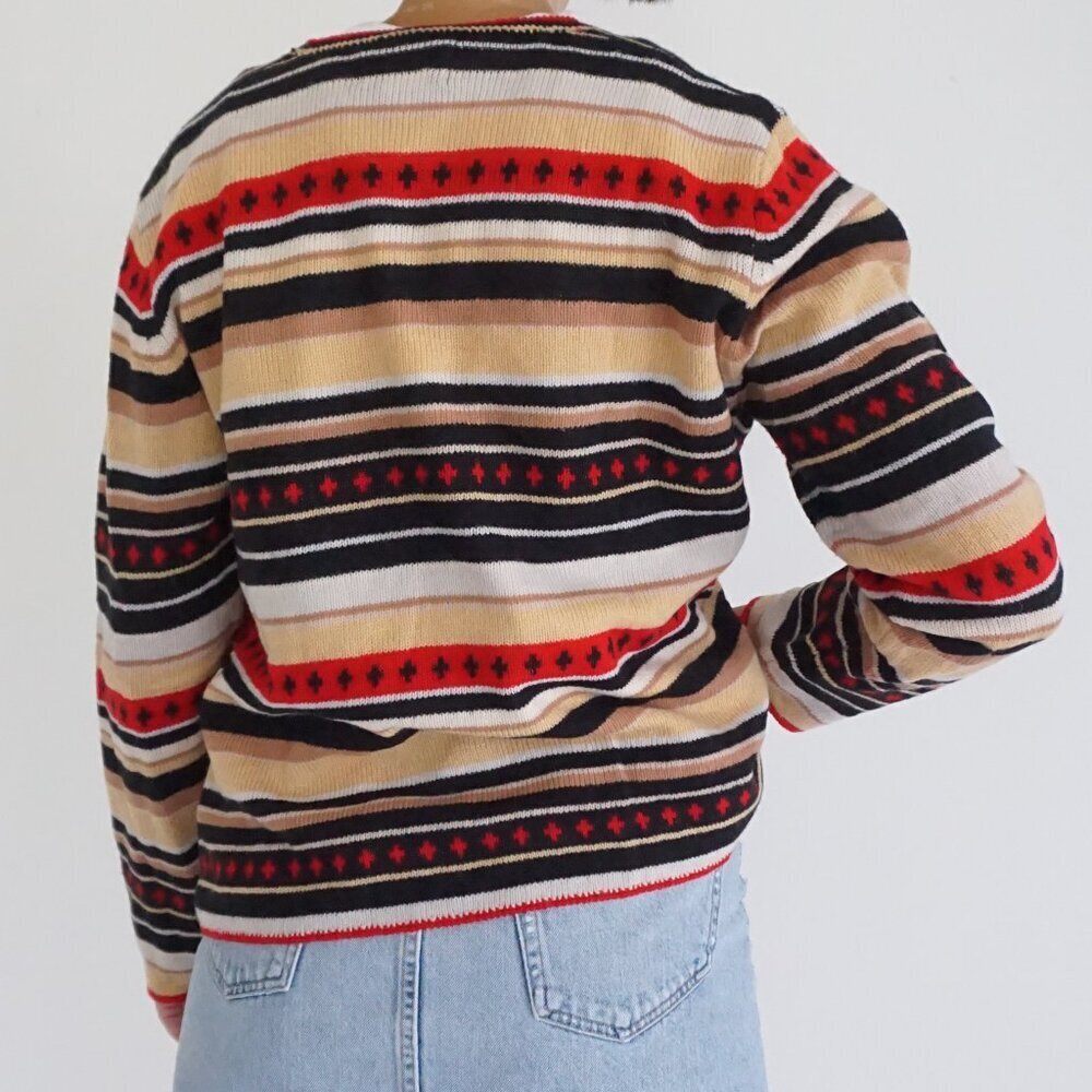 St Johns Bay Tan Red Striped Knit Button Cardigan Classic Preppy Grandmacore L - Picture 2 of 12